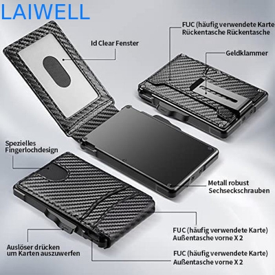 6-in-1 Schwarz, Kohlenstofffaser, echtes Leder, Multifunktionskarte aus Aluminium, Geldbeutel mit Geldklemm aus Stahl