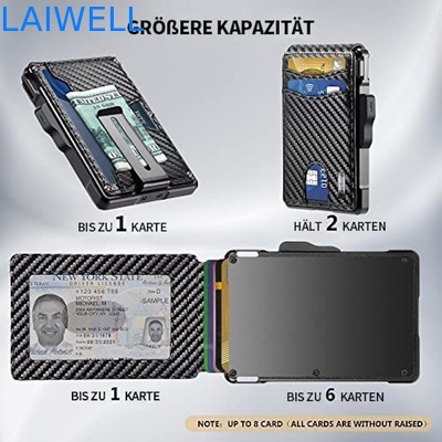 6-in-1 Schwarz, Kohlenstofffaser, echtes Leder, Multifunktionskarte aus Aluminium, Geldbeutel mit Geldklemm aus Stahl