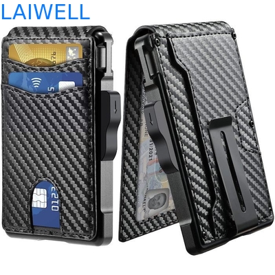 6-in-1 Schwarz, Kohlenstofffaser, echtes Leder, Multifunktionskarte aus Aluminium, Geldbeutel mit Geldklemm aus Stahl