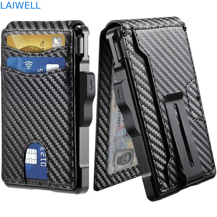 6-in-1 Schwarz, Kohlenstofffaser, echtes Leder, Multifunktionskarte aus Aluminium, Geldbeutel mit Geldklemm aus Stahl