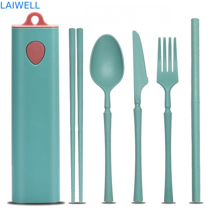 Grüne nachhaltige Weizenstrohfaser 5-PC-Auszieh-Schneiderei Set wiederverwendbares Öko-Tischgeschirr Zubehör Elegantes Design für mehrfache Verwendung